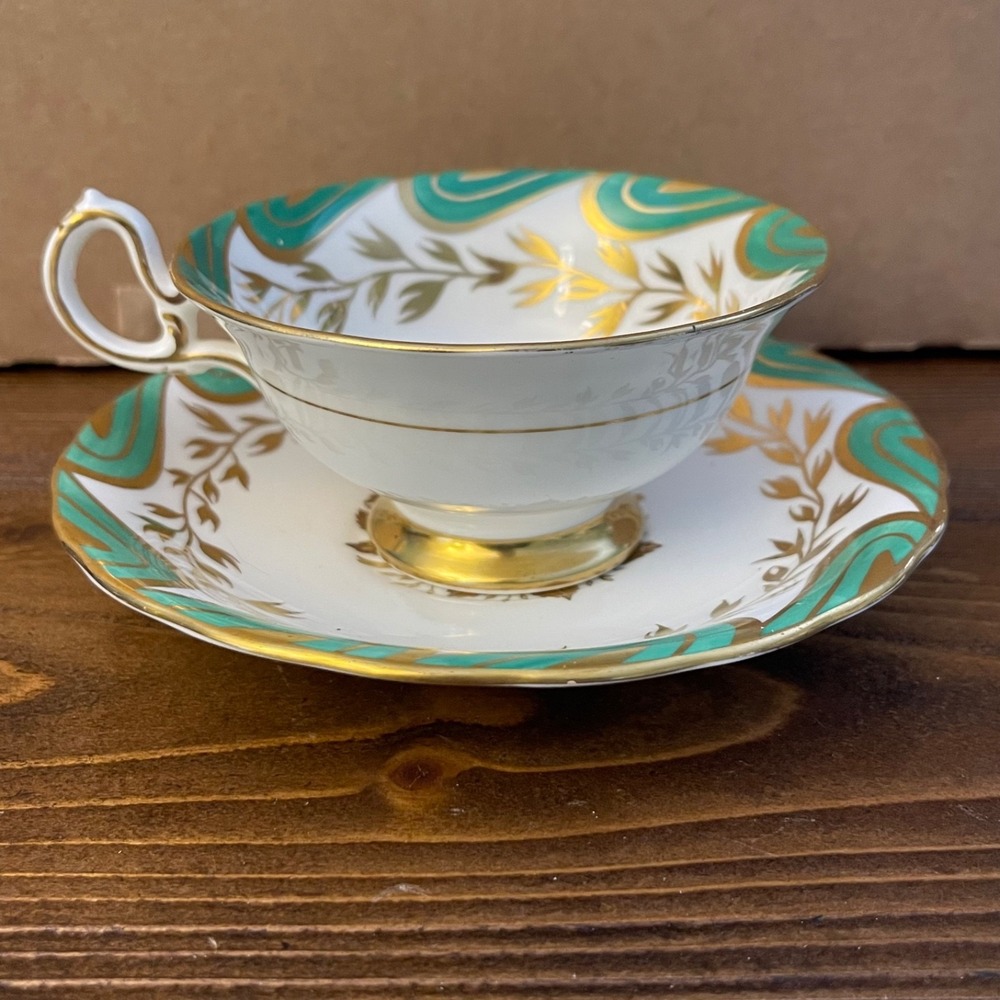 Vintage 40's Royal Chelsea English Bone China Teacup Saucer Set Turquoise Floral